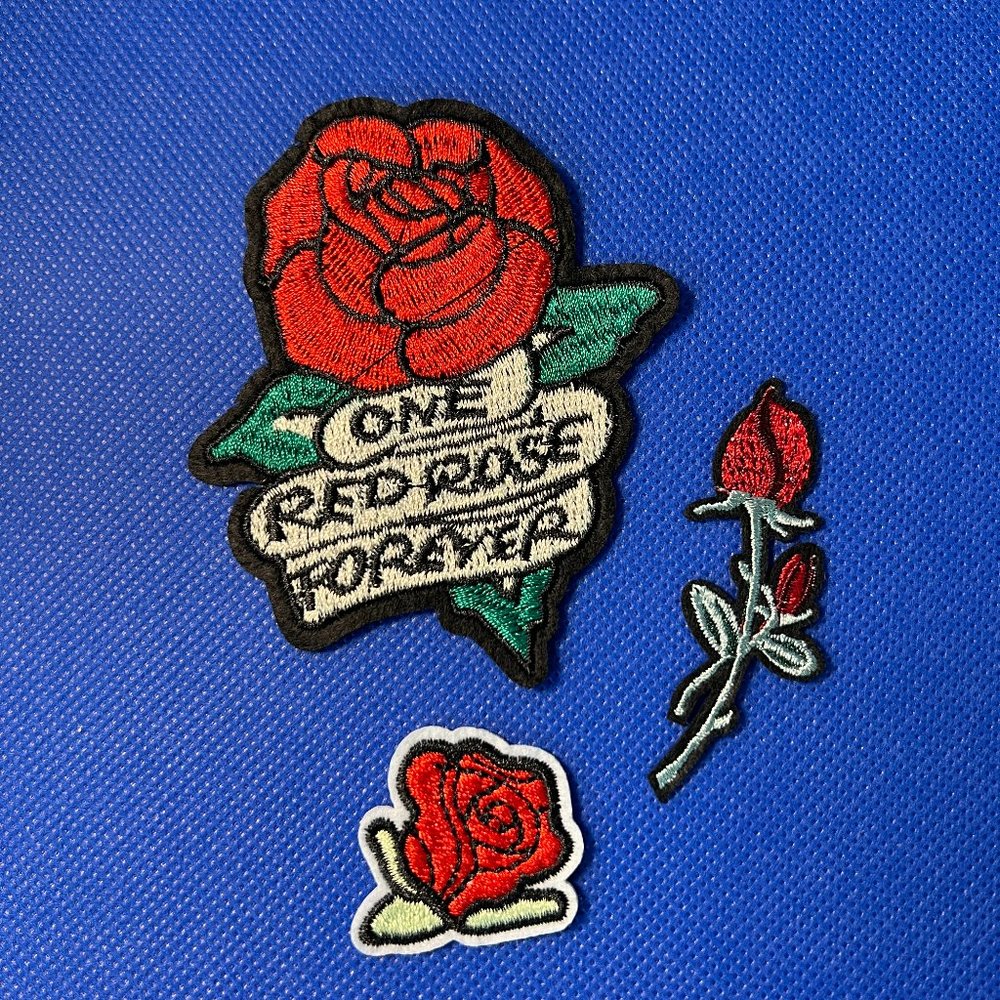 Set of 3 "One Red Rose" Embroidered Patches Retro Pop Sew or Iron On